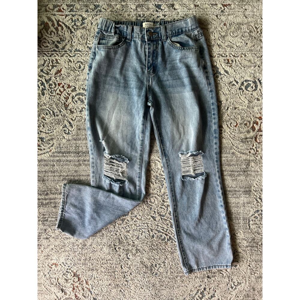 Angels of Difference Light Wash Distressed Straight Leg Jean Sz 10/30